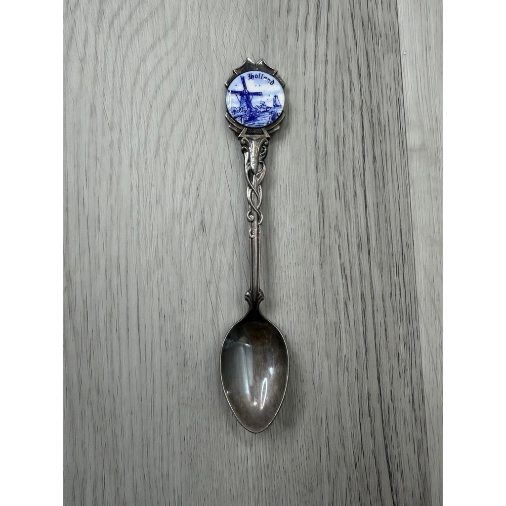 Dutch Delft Pottery Windmill on Silverplate Souvenir Spoon Holland Netherlands
